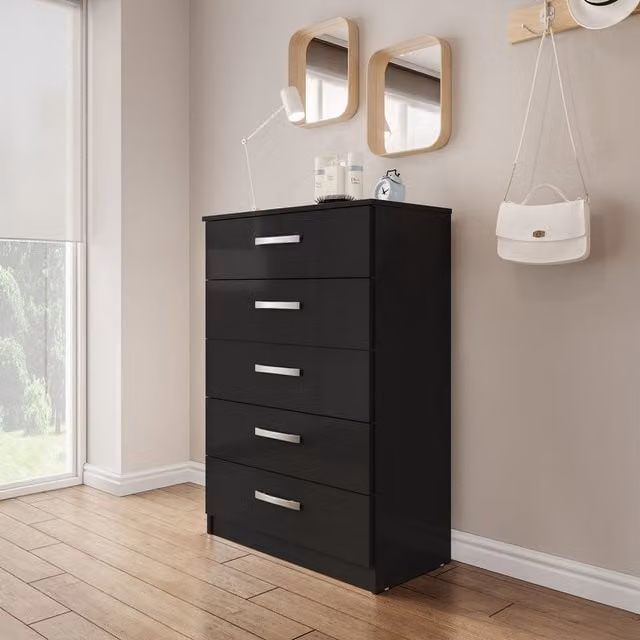 Birlea Modern Glossy Black 5 Drawer Chest with Silver Accents