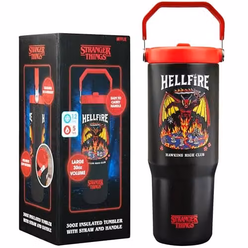Get Trend Stranger Things Hellfire Insulated Metal Tumbler with Straw and Handle, Black/Red, 850ml