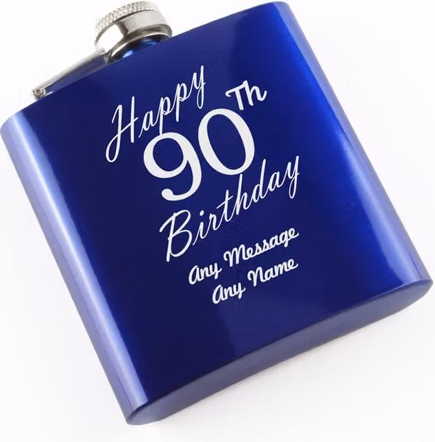 Uniqueful Personalised Happy 90th Birthday Engraved Blue Stainless Steel 6oz Hip Flask