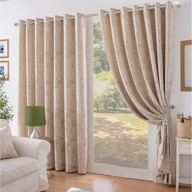 Livinluxury Floral Chenille Jacquard Eyelet Curtains in Beige and Yellow, Height: 229 cm