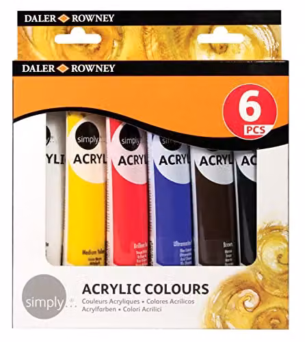 Daler-Rowney Simply Acrylic Paint Set, 6 Assorted Colours, 75ml per tube