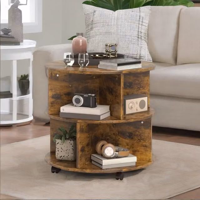 Rafaelo Mobilia 3 Tier Industrial Rustic Rolling Coffee Table in Brown, W: 60.0 cm, D: 55.5 cm, H: 60.0 cm