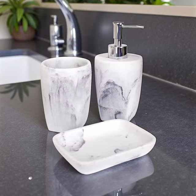 Showerdrape Octavia 3 Piece Bathroom Accessory Set in Grey Marble and White with Chrome Finish – 1