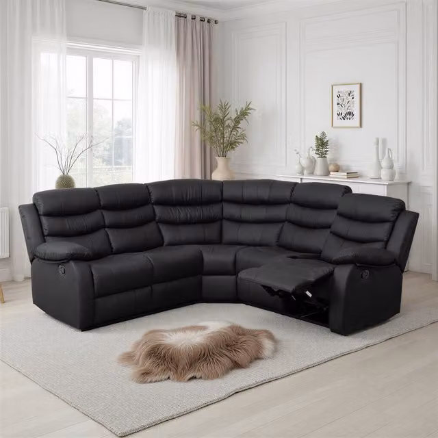 Seconique Roma L-Shape Corner Recliner Sofa in Black Faux Leather – 1