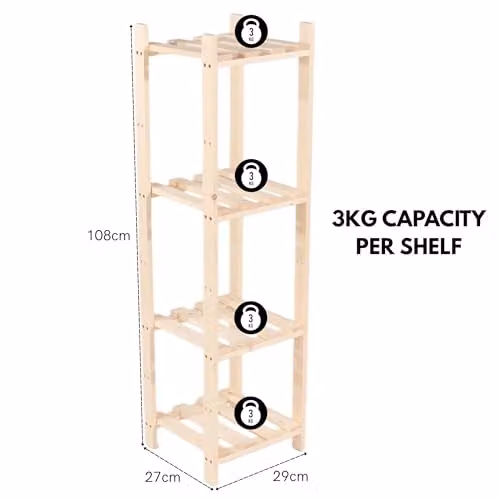 Core Products Narrow 4-Shelf Pine Storage Rack in Brown, H 108 x W 29 x D 27 cm – 2
