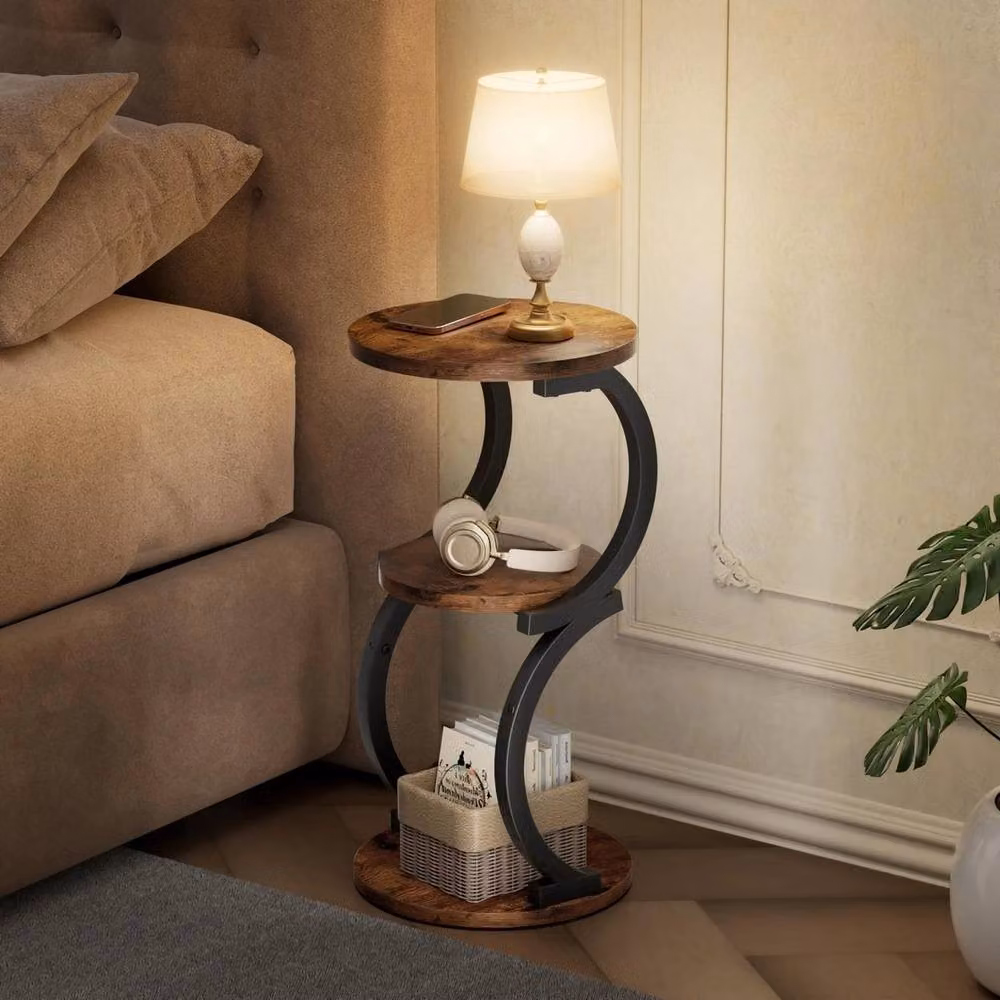 FORGEVIO Round S-shaped 3-Tier Side Table in Rustic Brown – 6