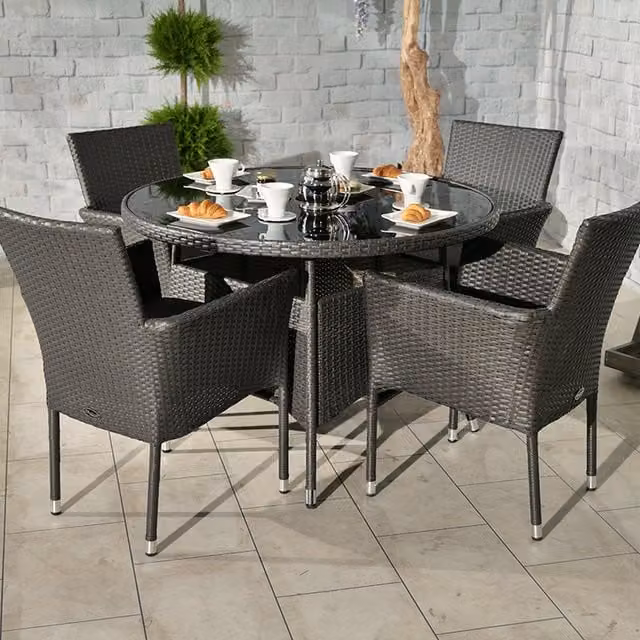 Royalcraft Malaga 5 Piece Round Dining Set in Grey and Black Polyrattan with Glass Top