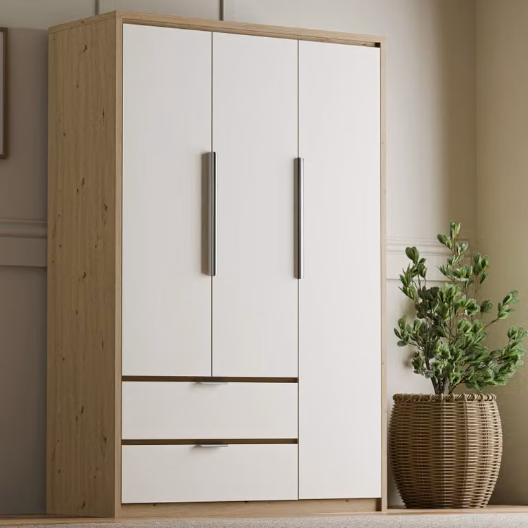 Skova 3 Door Wardrobe with Drawers, Shelves and Clothes Rail, Oak and White, H 180 x W 115 x D 50 cm