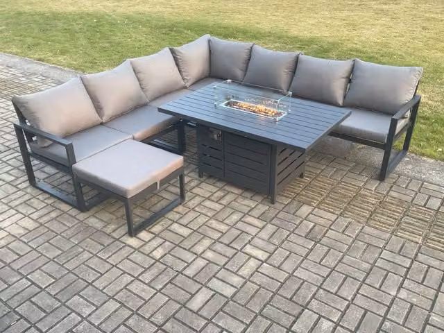 Fimous 7 Piece Grey Aluminium Garden Corner Sofa Set with Gas Fire Pit Dining Table and Footstool