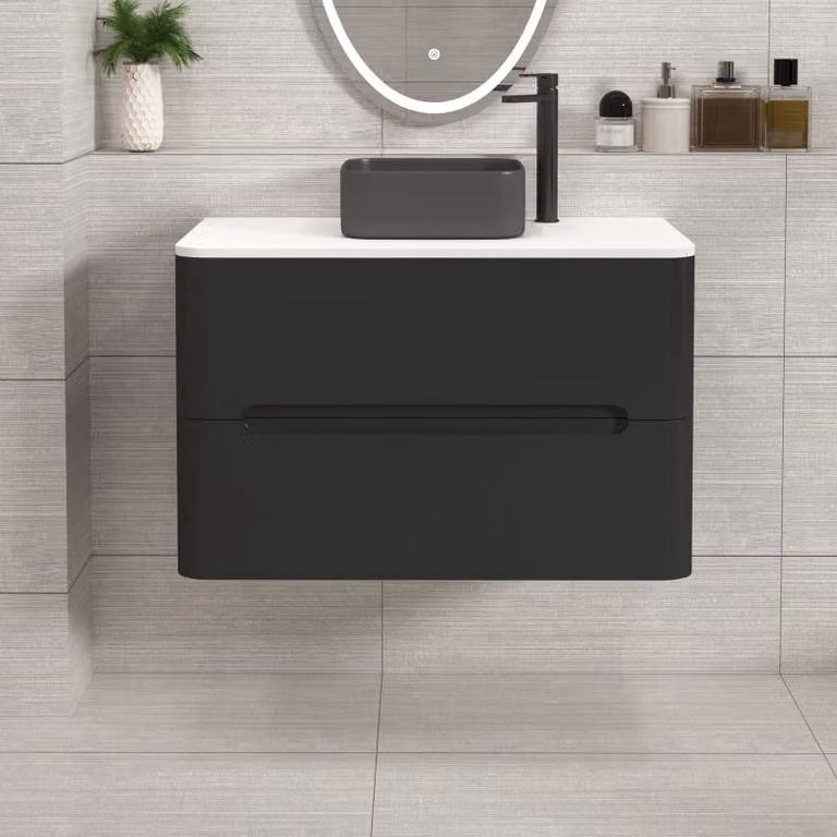 Royal Bathrooms Venice 800mm Wall Hung Vanity Unit in Matt Nocturne Black with 2 Drawers, Plain White Worktop and Art Square Basin
