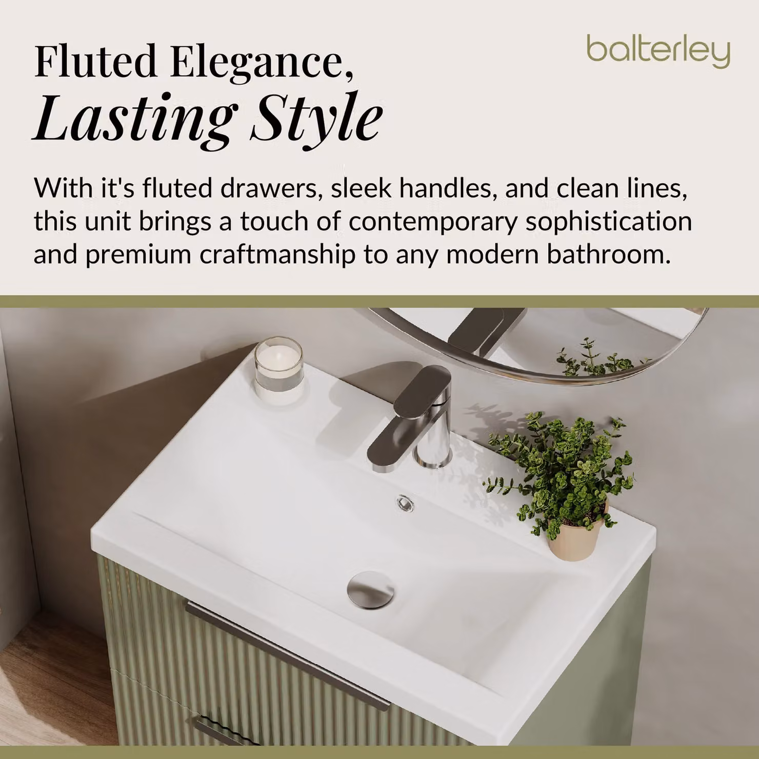 Balterley Fluted Wall Hung 2 Drawer Vanity Basin Unit and Basin, Satin Green, Width: 60 cm – 2