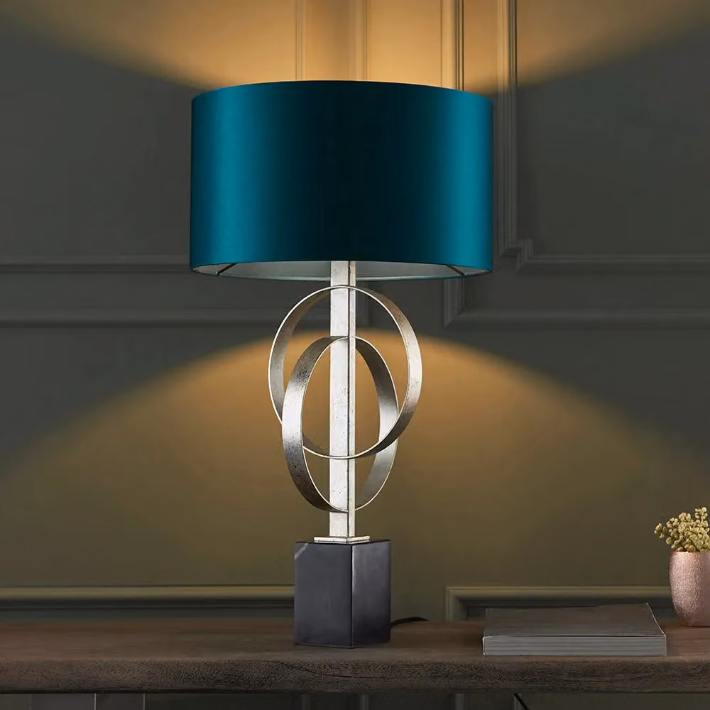 Loops 2 Pack Antique Silver Table Lamps with Teal Satin Fabric Shades and Black Marble Bases – 3