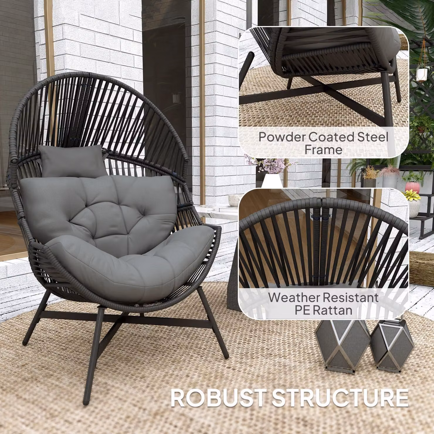 OUTSUNNY Standing Rattan Garden Egg Chair with Headrest, Charcoal Grey – 6