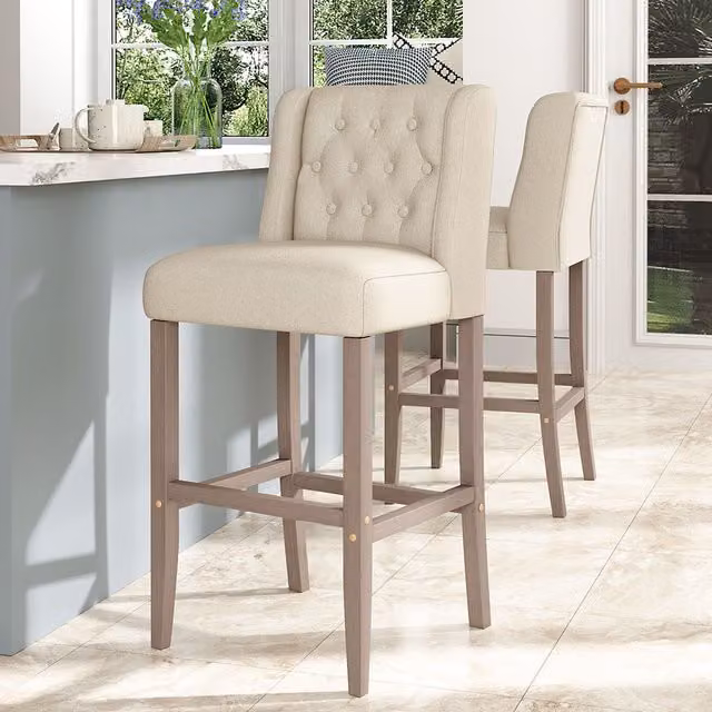 Komore Set of 2 Modern Linen Tufted Bar Stools in Beige