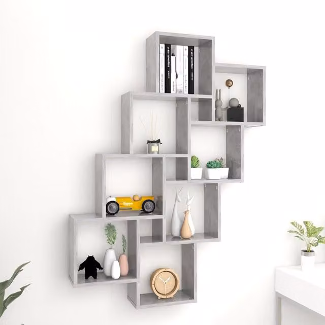 Berkfield Home Wall Mounted Cube Shelf in Concrete Grey, W/D/H: 90 x 15 x 119 cm