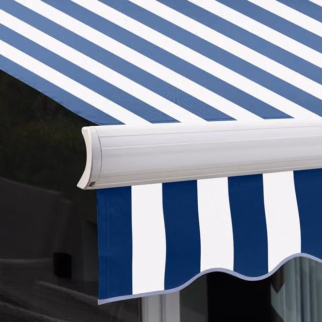 Primrose Full Cassette Electric Patio Awning with Blue and White Striped Canopy, W: 350 cm, D: 250 cm