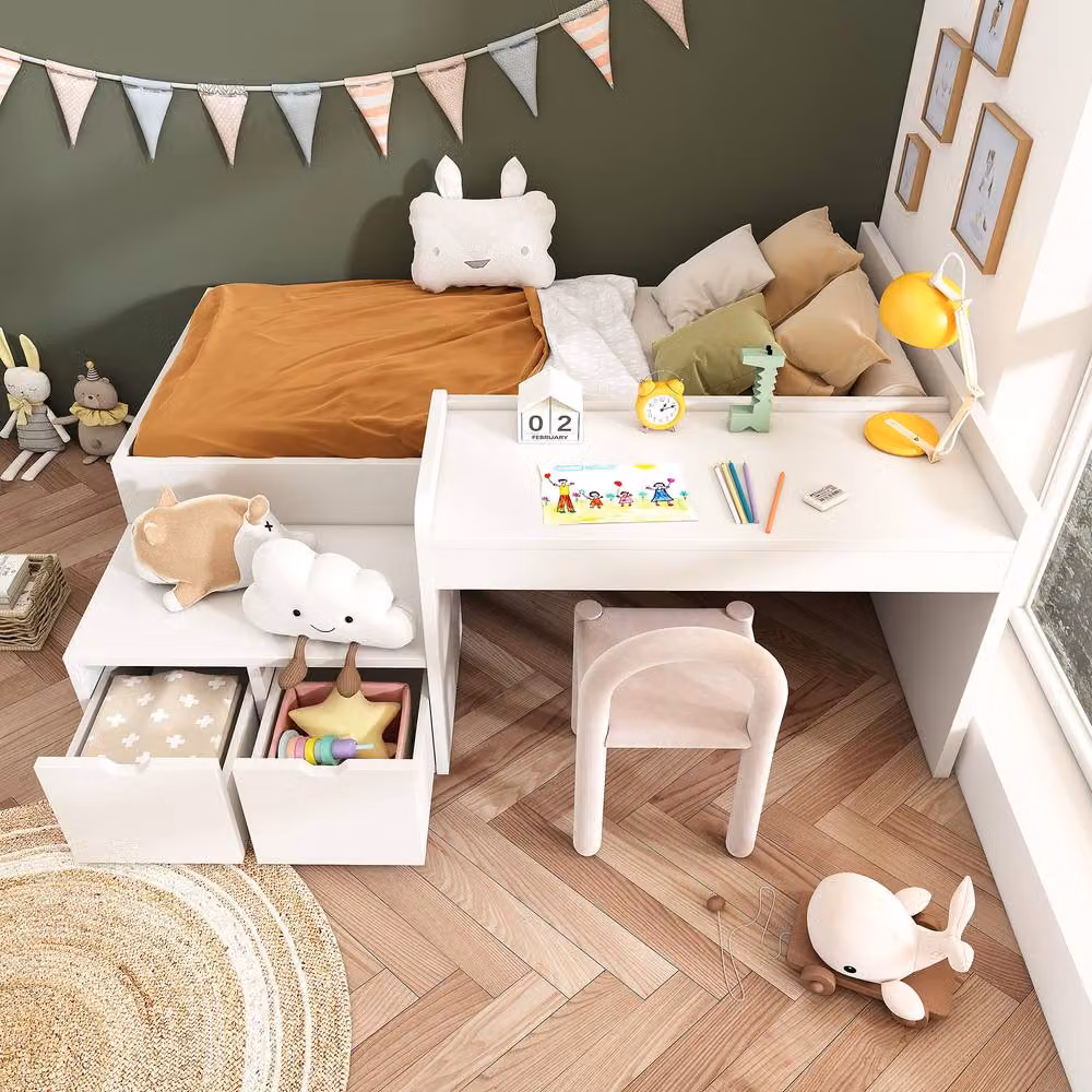 BTM Kids Elevated Single Bed with Desk and Storage Drawers, White, W/D/H: 90 x 190 x 137 cm – 5