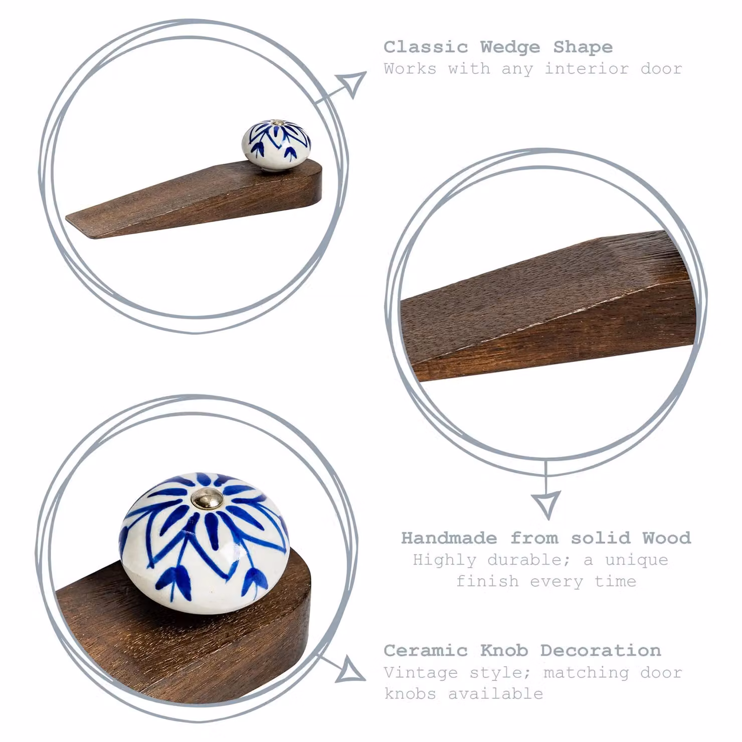 Nicola Spring Traditional Vintage Wooden Door Wedge Stop, Blue, Pack of 3 – 7