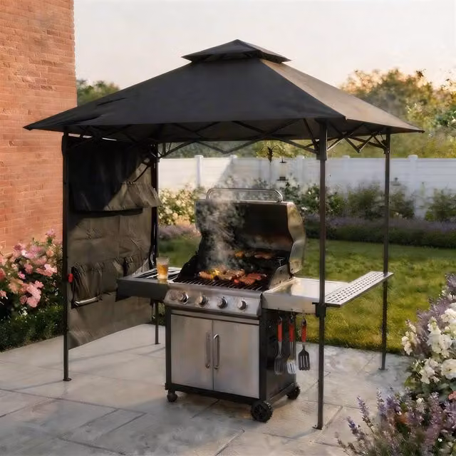 Home Source Folding BBQ Gazebo Outdoor Garden Marquee Tent with Accessory Pack, Black