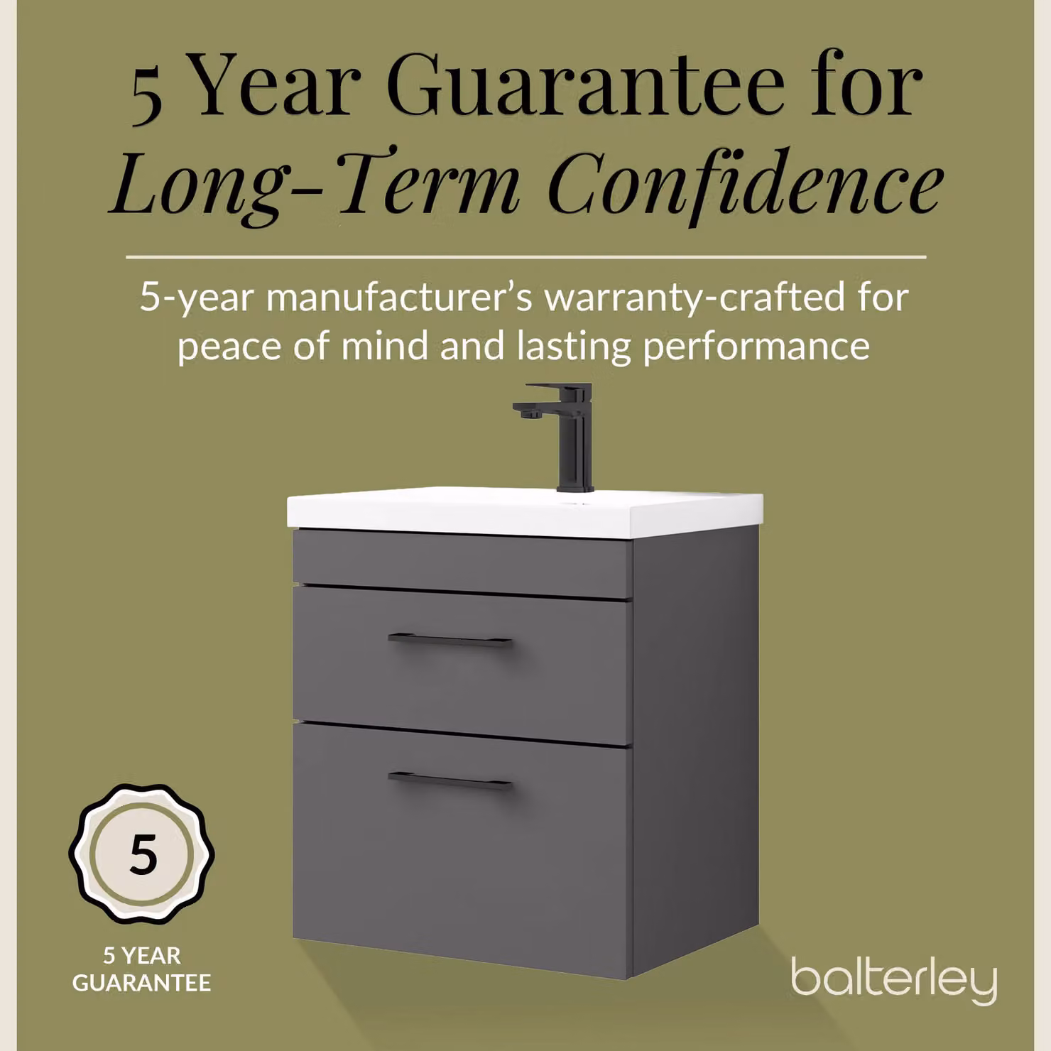 Balterley Modern Glossy 2 Drawer Wall Hung Bathroom Vanity Basin Unit in Grey, Width: 60 cm – 4