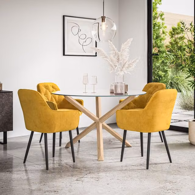 More4Homes Malvern Round Dining Table and Anika Velvet Dining Chair Set, Clear Glass Top with Solid Oak Legs and 4 Mustard Yellow Chairs, Diameter: 120 cm, Height: 75 cm