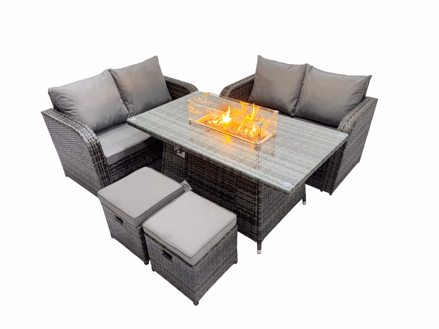 Fimous 6-Seater Rattan Garden Furniture Dining Set with 2 Small Stools in Dark Grey – 2