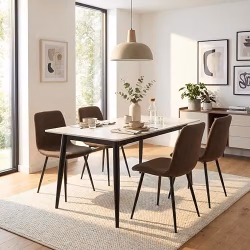 FWStyle Esme Set of 4 Dark Brown Fabric Dining Chairs with Black Metal Legs, W/D/H: 45 x 43 x 87 cm – 5
