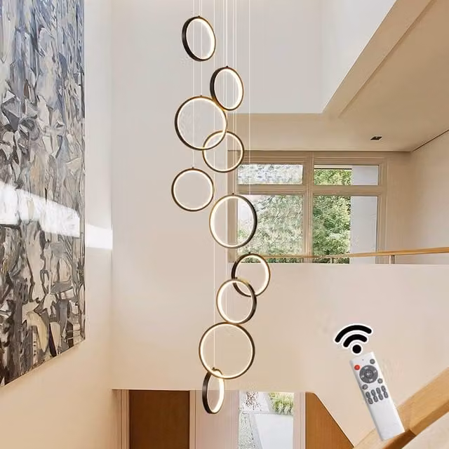 NIVOR Modern 10 Ring LED High Ceiling Chandelier in Black with Remote Control and Dimming Function – 1