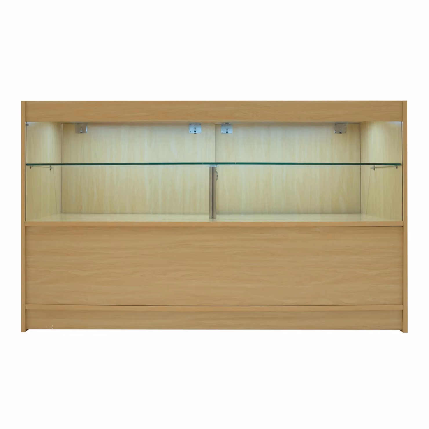 Monstershop C1500 LED Retail Shop Counter in Maple and Beige with Glass Sliding Doors and Integrated Lighting – 2