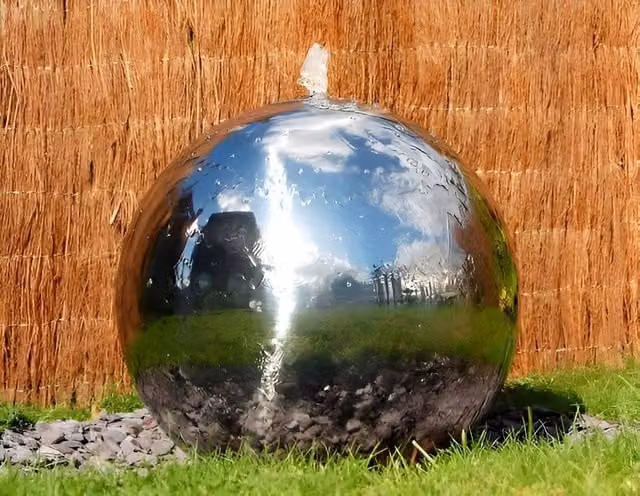 Primrose Polished Stainless Steel Sphere Water Feature Fountain with Lights, Silver, Height: 75 cm