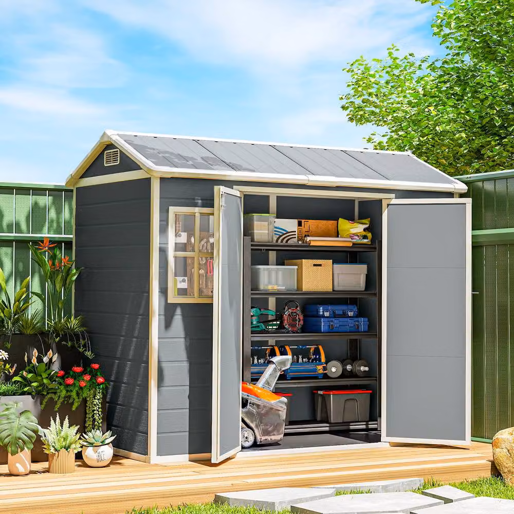 Outsunny Resin Garden Shed with Floor and Lockable Double Doors in Light Grey – 2