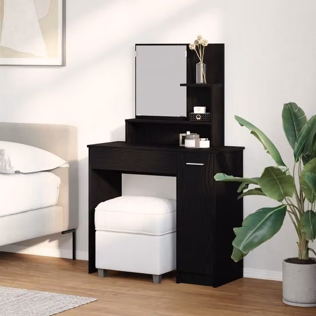 Berkfield Home Black Oak Dressing Table with Mirror, W: 86.5 cm, D: 35 cm, H: 136 cm