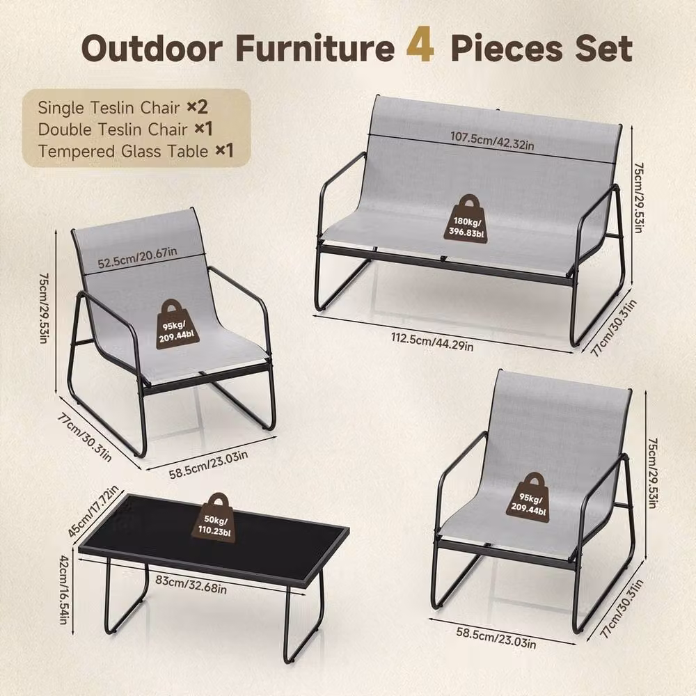 VOGREX 4-Piece Grey Outdoor Patio Garden Sofa Set with Glass Top Table and Metal Chairs – 2