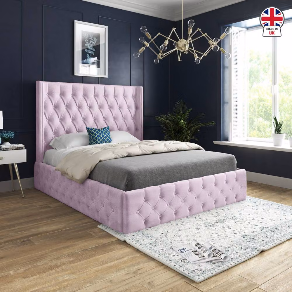 KDMD Vange Winged Upholstered Designer Bed Frame in Pink Velvet, Size: King (180 x 200 cm) – 3
