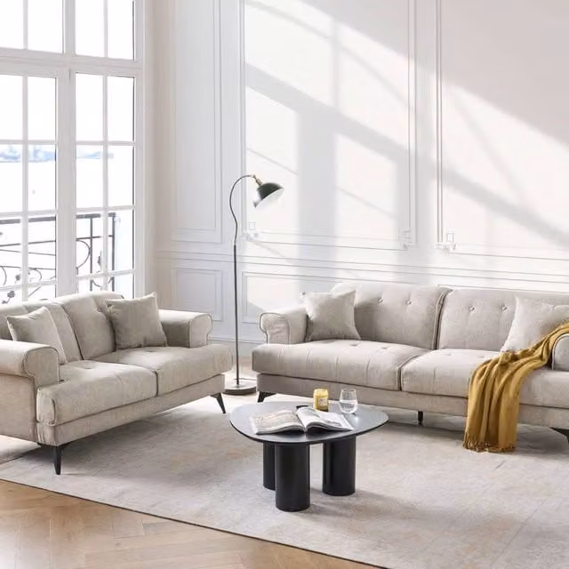 Wyld and Coco Modern 2 and 3 Seater Sofa Set in Beige Polyester Fabric with Solid Wood Frame