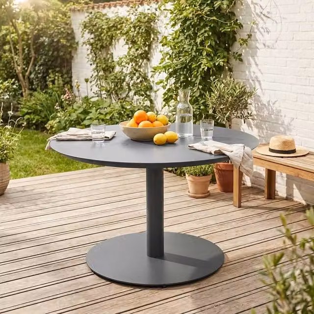 Sweekeek Round Powder Coated Aluminium Garden Table in Dark Grey, Diameter: 140 cm