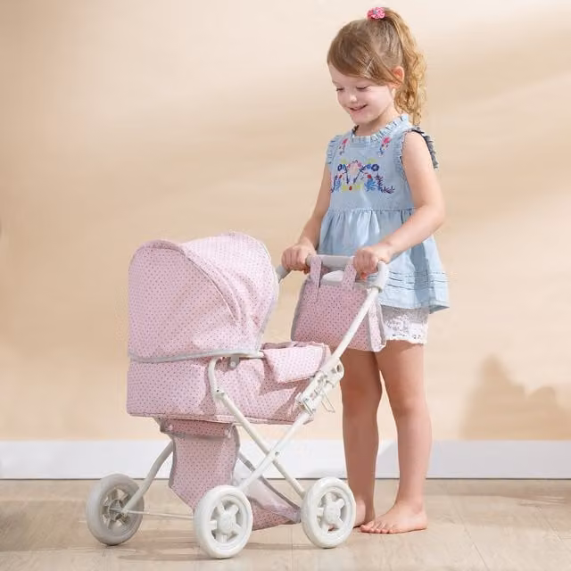 Olivia's Little World Convertible Foldable Buggy-Style Doll Pram in Pink and Grey