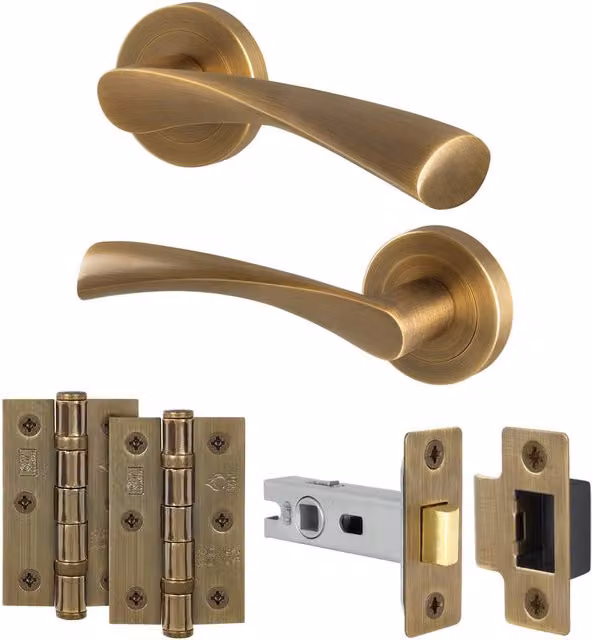 AFIT Antique Brass Door Handle Rose, Latch and Hinges Kit in Bronze, 2 Pairs, Rose Size: 15.0 cm x 15.0 cm