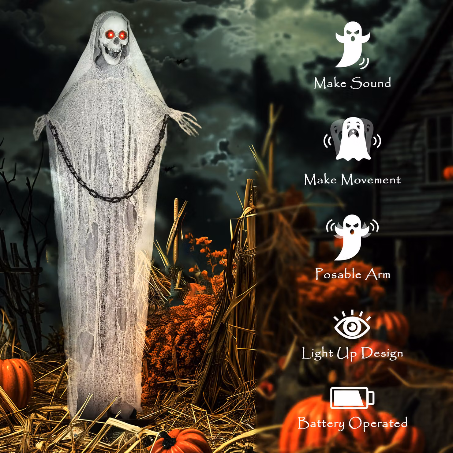 Outsunny Life Size Halloween Animated Grim Reaper Skeleton with Glowing LED Eyes, White, Height: 183 cm – 6