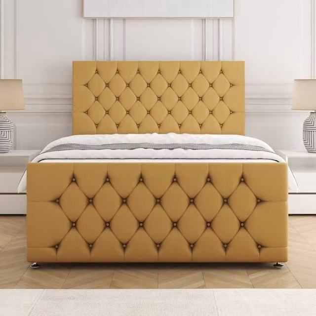 BSSPOKE Maya Divan Bed Set with 24 inch Headboard and Mattress in Mustard Plush Velvet, Super King, W/D/H: 200 x 200 cm