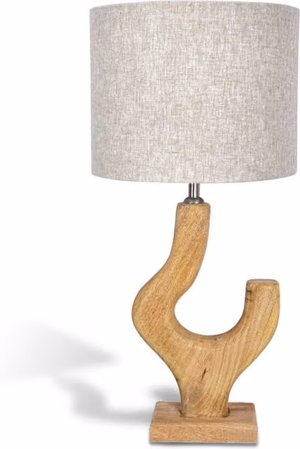 North Interiors Drift Arc Modern Table Lamp in Brown and Beige Wood with Fabric