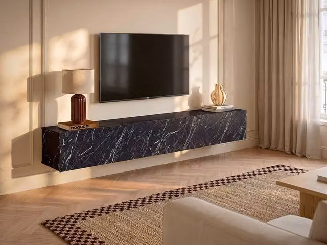 Vente-unique VIKILA Wall-Mounted TV Unit with 3 Hinged Doors in Black Marble Effect Glossy Finish