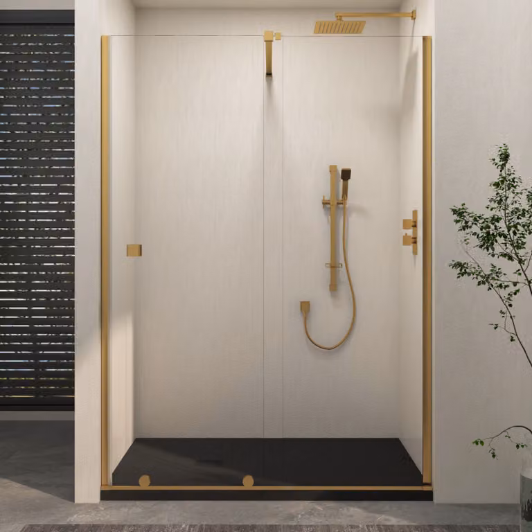Royal Bathrooms Luton Recessed Sliding Shower Screen with Black Slate Effect Stone Shower Tray, Brushed Brass, W: 120 cm, D: 80 cm, H: 195 cm