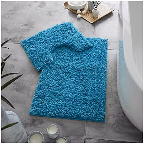 Gaveno Cavailia 2 Piece Zero Twist Non-Slip Bath Mat and Pedestal Set, Turquoise, W/D/H: 80 x 50 cm and 50 x 40 cm – 1