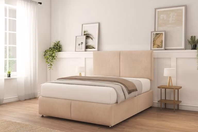 Sloomy Vienna Naples Divan Bed Base in Light Sand with 26 inch Strutted Headboard and 12 inch Matching Footboard, King Size, W: 180 cm, D: 200 cm