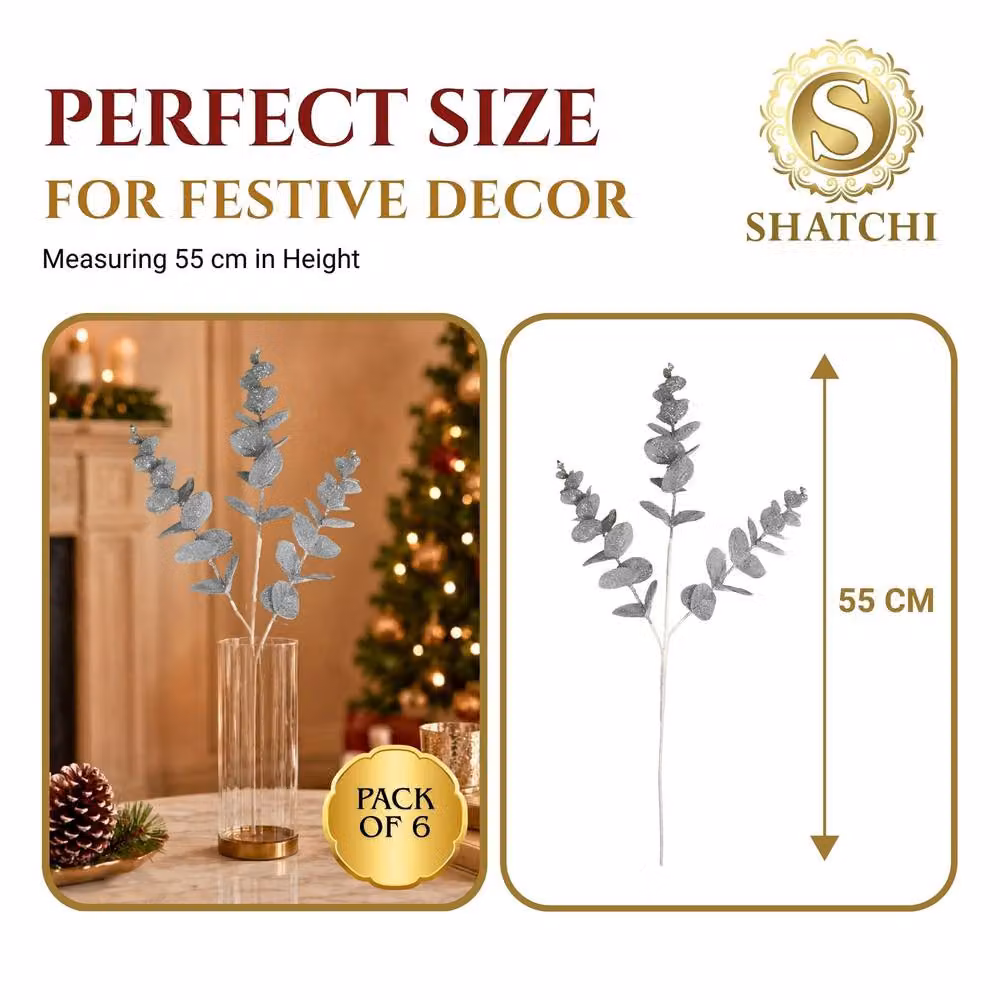 Shatchi Silver Glitter Artificial Eucalyptus Christmas Tree Picks, 12 Pack, Height: 55 cm – 3