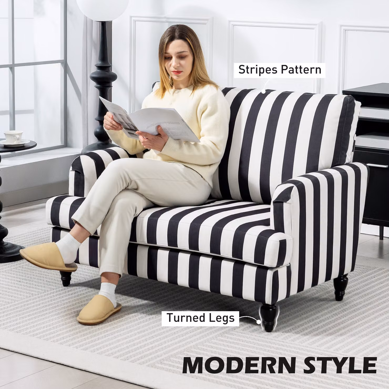 HOMCOM Modern Velvet Accent Chair with Striped Fabric and Rubberwood Turned Legs in Black and White – 4