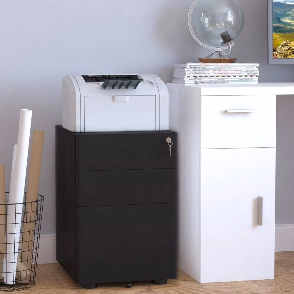 FORGEVIO Black Metal 3 Drawer Lockable Filing Cabinet with Castors – 3