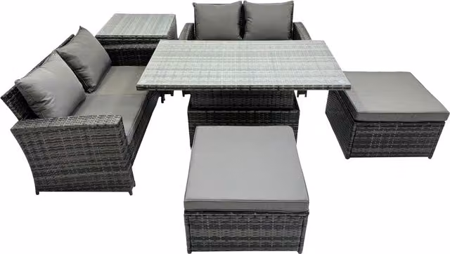 Fimous 6-Seat Rattan Garden Sofa Set with Lift Dining Table and 2 Stools in Dark Grey Mixed