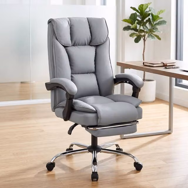 ERGOVEXA Grey Faux Leather Reclining Swivel Executive Office Chair with Headrest and Armrests, H 121 x W 72 x D 66 cm